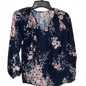 Navy Blue Floral Print Cottagecore Romance Long Sleeve Blouse Women's Size Small